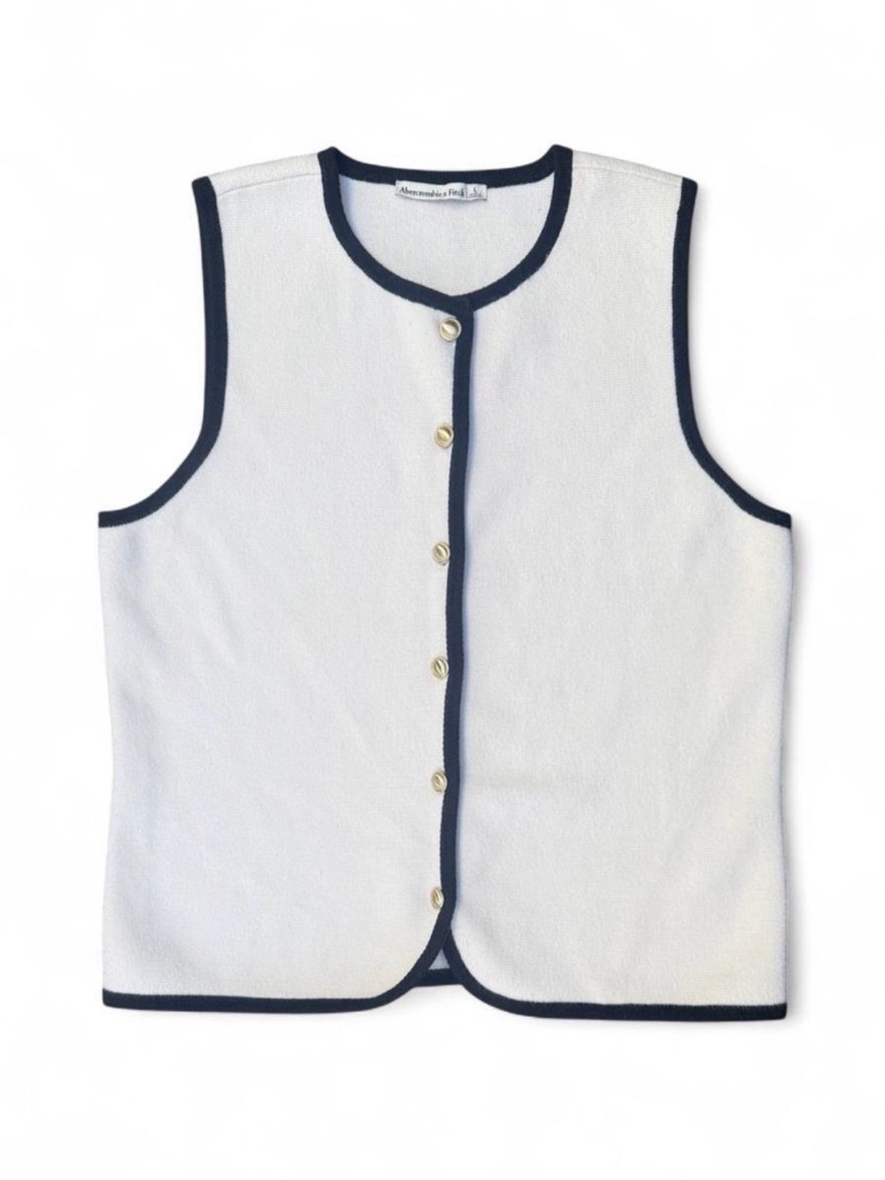 Abercrombie & Fitch White Knit Sleeveless Vest with Black Trim and Gold Buttons